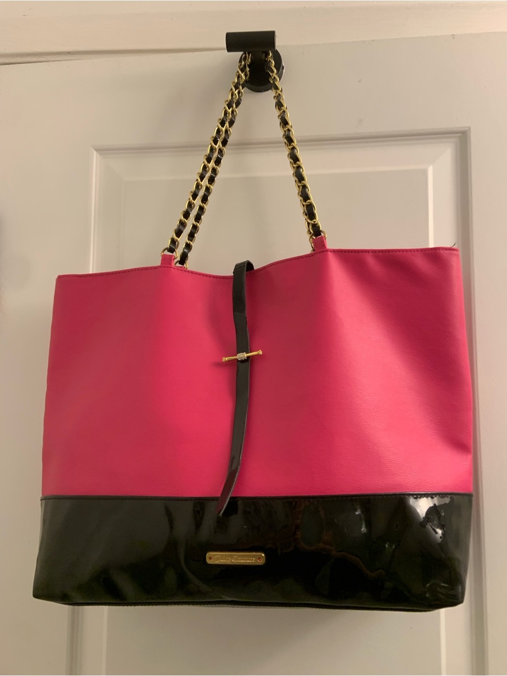 Juicy Couture Hot Pink and Black Tote with Gold Chain Straps